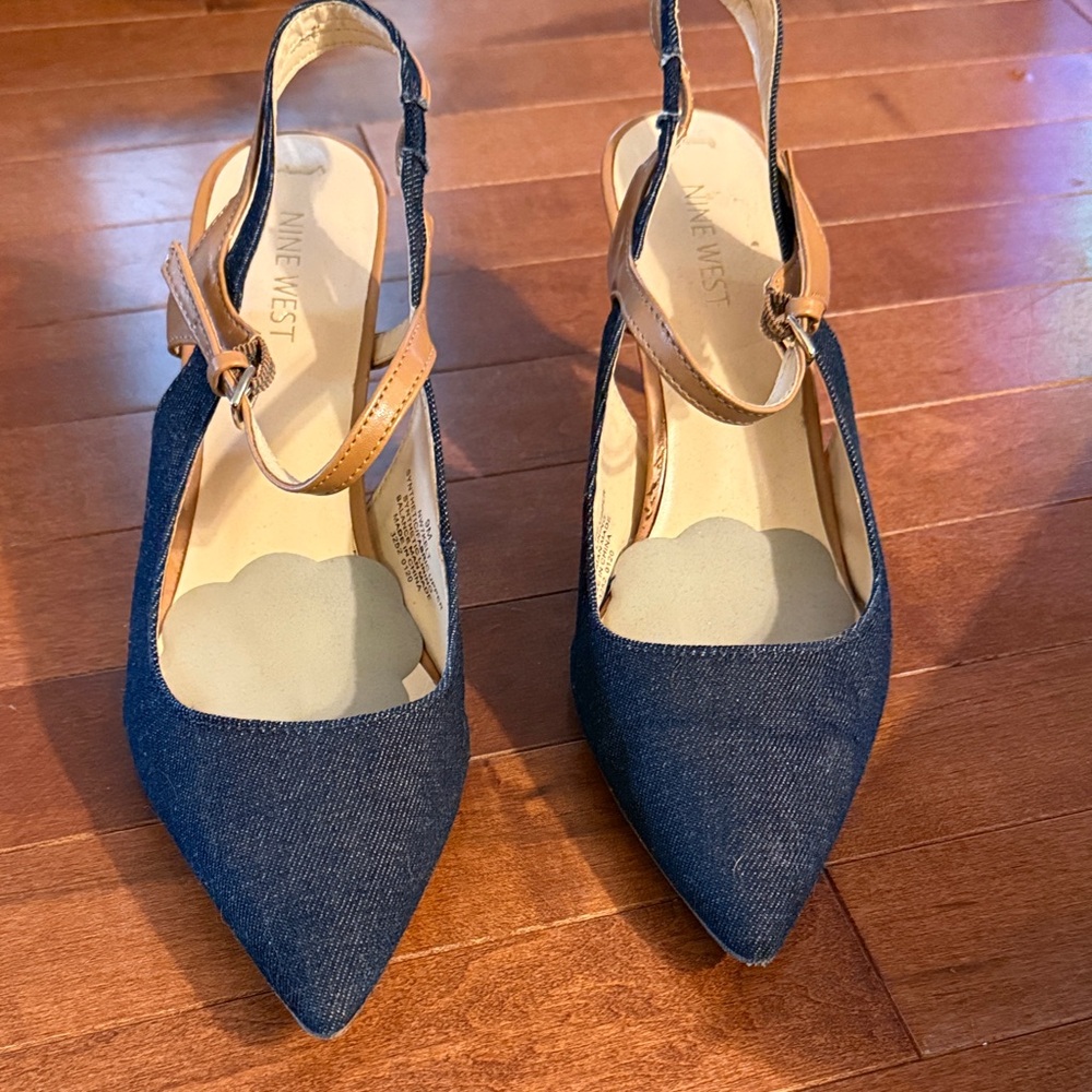 Nine West Denim and Tan Slingback Heels